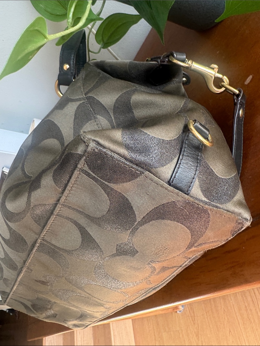 Coach Campbell Signature Metallic Olive Green Canvas Satchel with Leather Trim - Picture 7 of 12